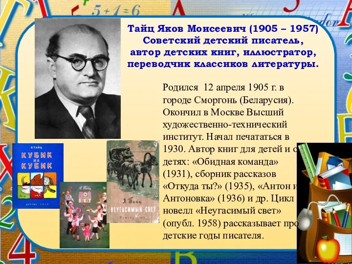 Тайц Яков Моисеевич (1905 – 1957) Советский детский писатель, автор детских книг, иллюстратор,