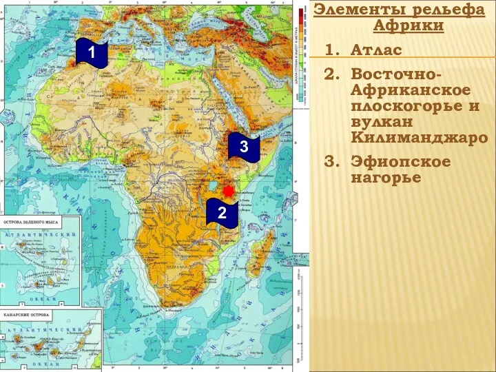 Элементы рельефа Африки Атлас Восточно-Африканское плоскогорье и вулкан Килиманджаро Эфиопское нагорье 2 3 1