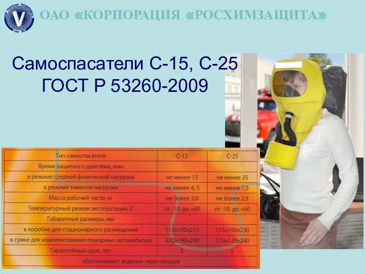 ОАО «КОРПОРАЦИЯ «РОСХИМЗАЩИТА» Самоспасатели С-15, С-25 ГОСТ Р 53260-2009