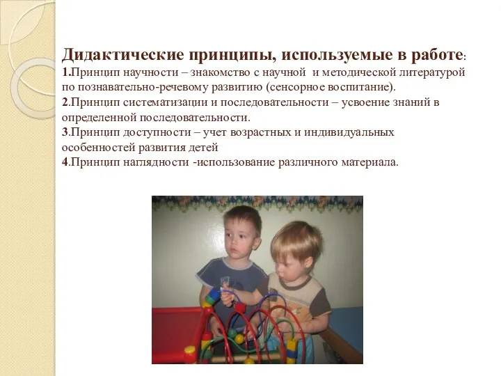 Дидактические принципы, используемые в работе: 1.Принцип научности – знакомство с