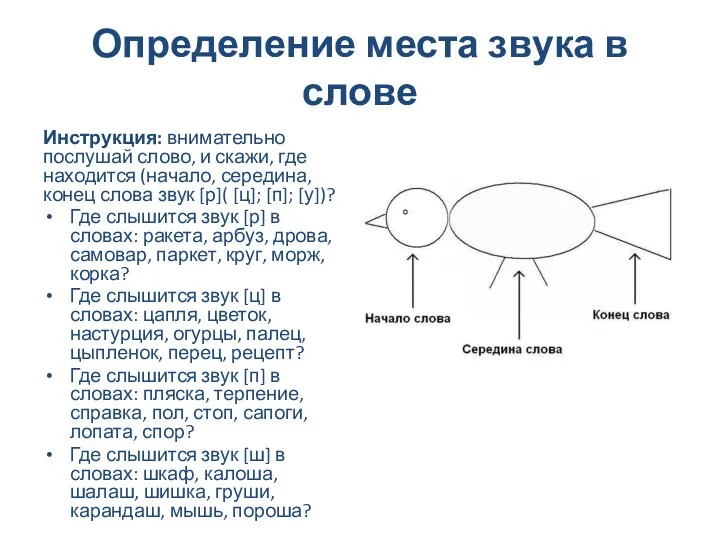 Определение места звука в слове Инструкция: внимательно послушай слово, и