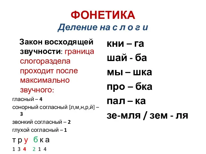 ФОНЕТИКА Деление на с л о г и Закон восходящей