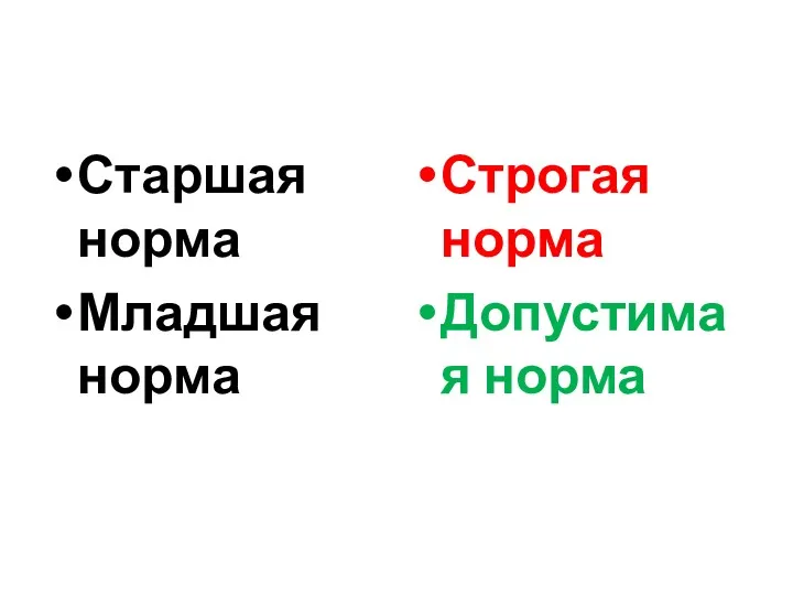 Старшая норма Младшая норма Строгая норма Допустимая норма