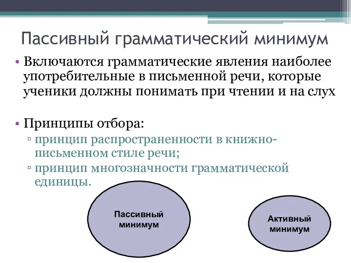 Пассивный грамматический минимум Включаются грамматические явления наиболее употребительные в письменной