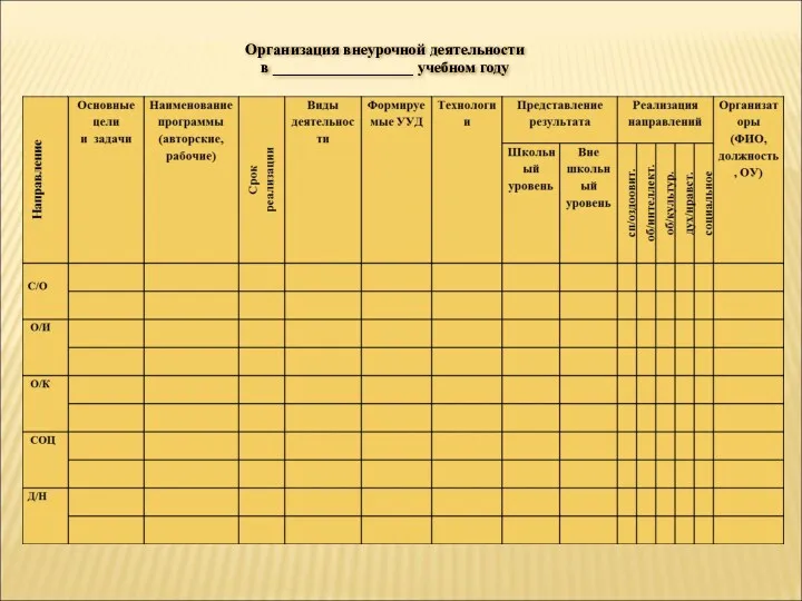 Организация внеурочной деятельности в __________________ учебном году