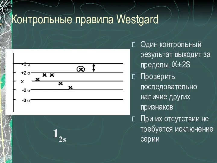 Контрольные правила Westgard Один контрольный результат выходит за пределы Х±2S Проверить последовательно наличие