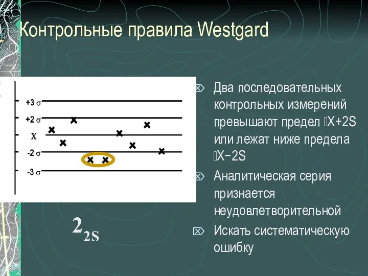 Контрольные правила Westgard Два последовательных контрольных измерений превышают предел Х+2S или лежат ниже