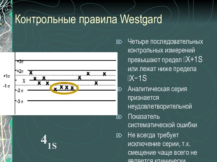 Контрольные правила Westgard Четыре последовательных контрольных измерений превышают предел Х+1S или лежат ниже
