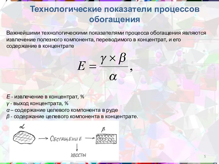 Технологические показатели процессов обогащения Ε - извлечение в концентрат, %