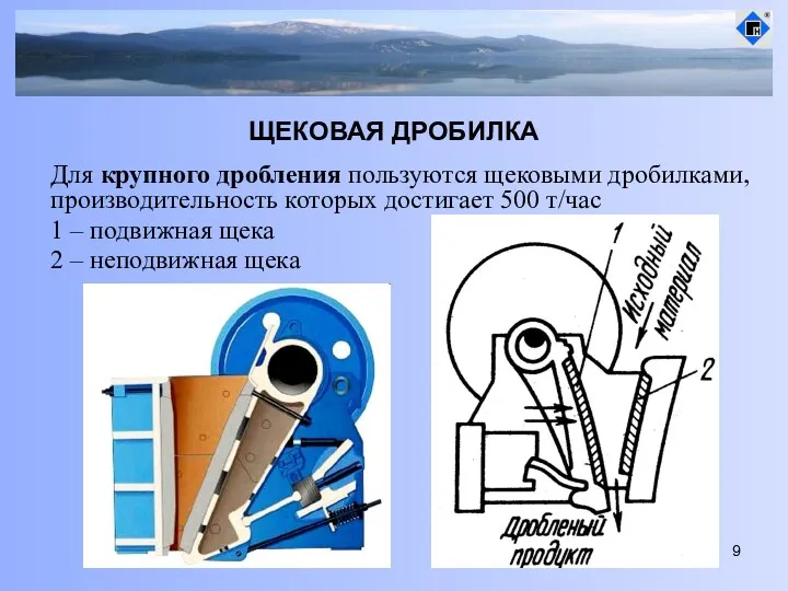 ЩЕКОВАЯ ДРОБИЛКА Для крупного дробления пользуются щековыми дробилками, производительность которых