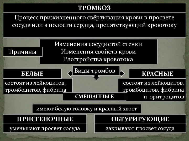 Изменения сосудистой стенки Изменения свойств крови Расстройства кровотока Виды тромбов