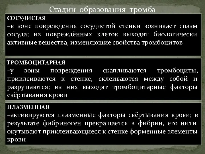 СОСУДИСТАЯ –в зоне повреждения сосудистой стенки возникает спазм сосуда; из