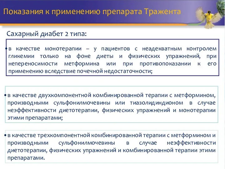 Показания к применению препарата Тражента в качестве монотерапии – у