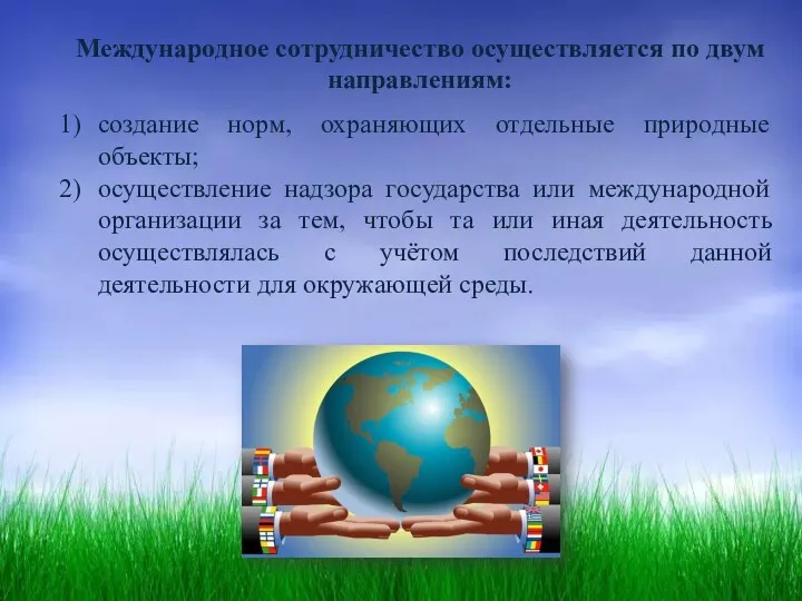 Международное сотрудничество осуществляется по двум направлениям: создание норм, охраняющих отдельные