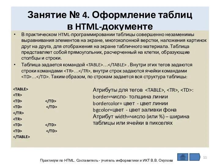 Занятие № 4. Оформление таблиц в HTML-документе В практическом HTML-программировании
