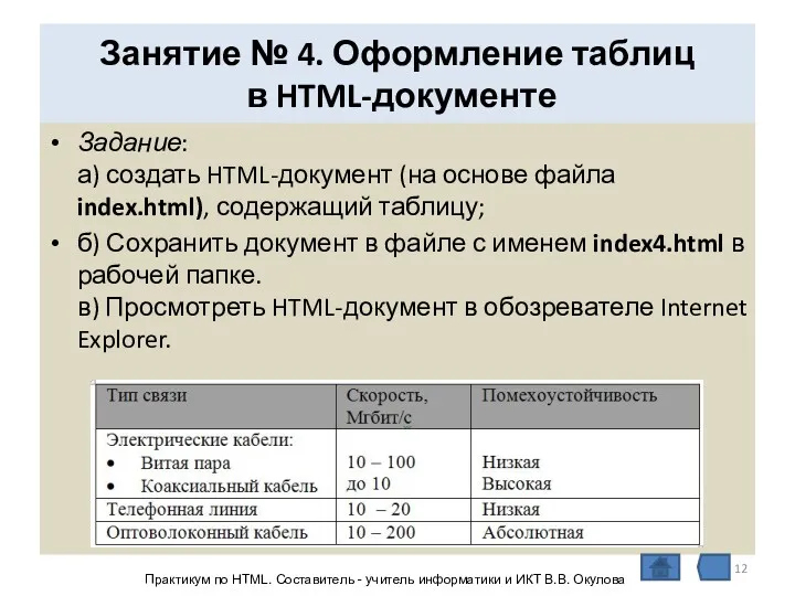 Занятие № 4. Оформление таблиц в HTML-документе Задание: а) создать