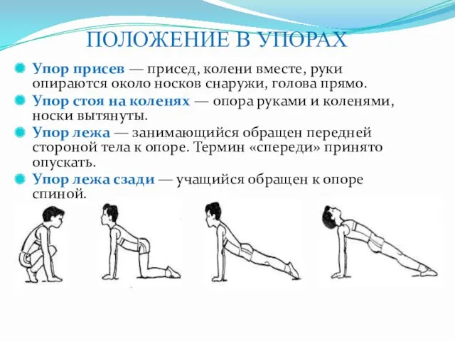 ПОЛОЖЕНИЕ В УПОРАХ Упор присев — присед, колени вместе, руки