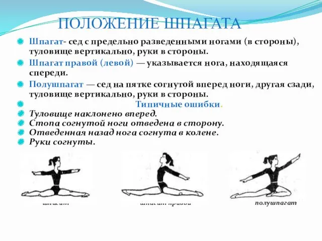 ПОЛОЖЕНИЕ ШПАГАТА Шпагат- сед с предельно разведенными ногами (в стороны),туловище