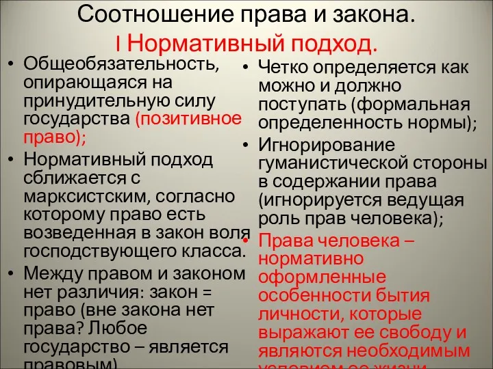 Соотношение права и закона. I Нормативный подход. Общеобязательность, опирающаяся на