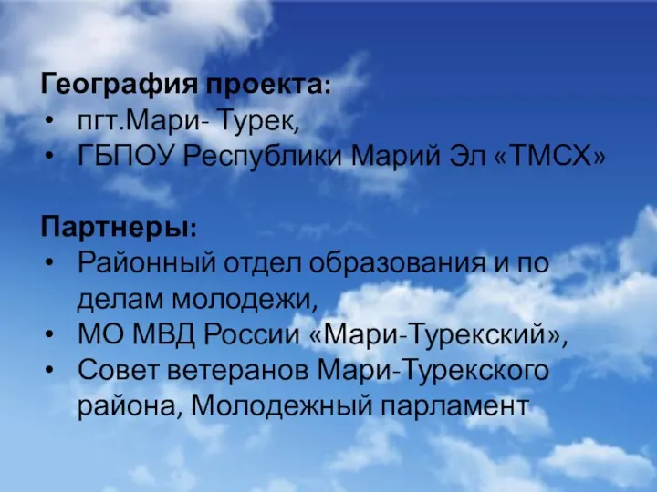 География проекта: пгт.Мари- Турек, ГБПОУ Республики Марий Эл «ТМСХ» Партнеры: