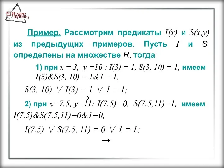 Пример. Рассмотрим предикаты I(x) и S(x,y) из предыдущих примеров. Пусть