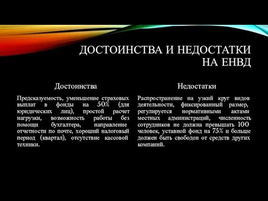 ДОСТОИНСТВА И НЕДОСТАТКИ НА ЕНВД Достоинства Предсказуемость, уменьшение страховых выплат