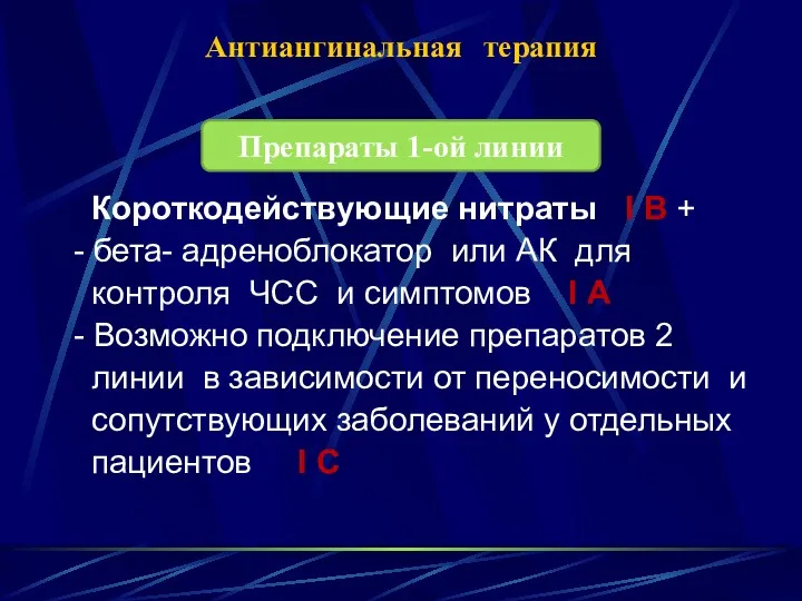 Антиангинальная терапия Короткодействующие нитраты I B + - бета- адреноблокатор