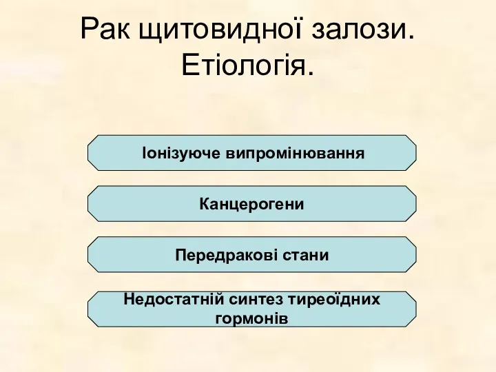 Рак щитовидної залози. Етіологія. Іонізуюче випромінювання Передракові стани Недостатній синтез тиреоїдних гормонів Канцерогени