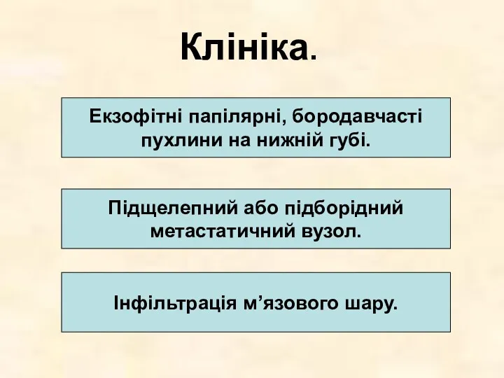 Підщелепний або підборідний метастатичний вузол. Інфільтрація м’язового шару. Екзофітні папілярні, бородавчасті пухлини на нижній губі. Клініка.