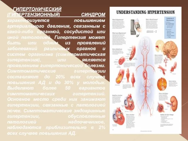 ГИПЕРТОНИЧЕСКИЙ (ГИПЕРТЕНЗИОННЫЙ) СИНДРОМ характеризуется повышением артериального давления, связанным с какой-либо