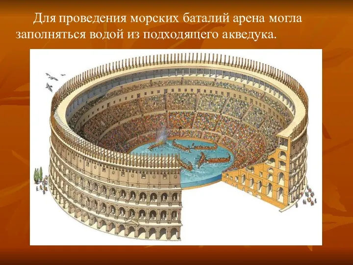 Для проведения морских баталий арена могла заполняться водой из подходящего акведука.
