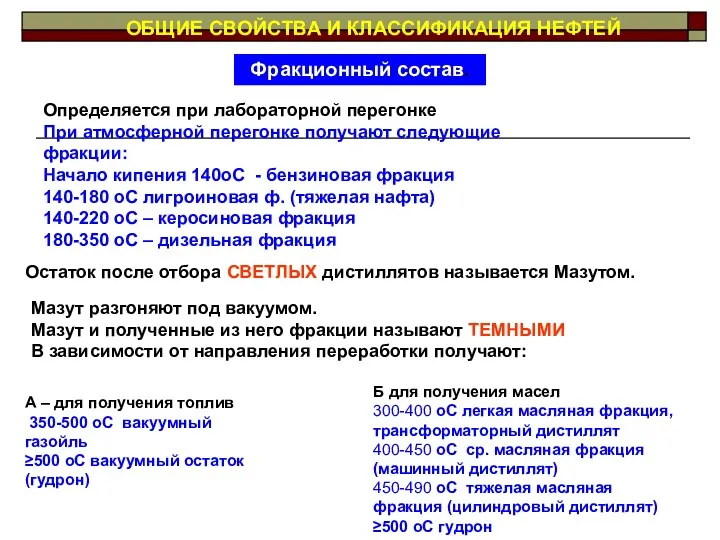 ОБЩИЕ СВОЙСТВА И КЛАССИФИКАЦИЯ НЕФТЕЙ Фракционный состав. Определяется при лабораторной