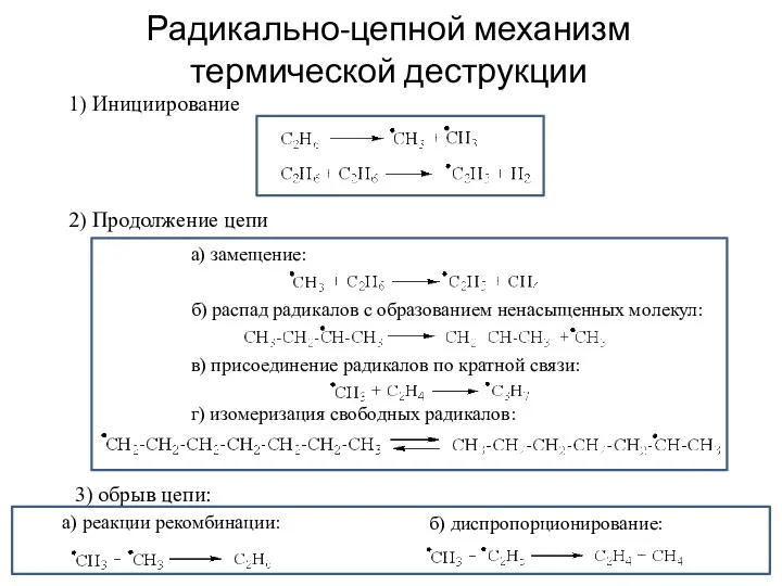 Радикально-цепной механизм термической деструкции 1) Инициирование 2) Продолжение цепи в)