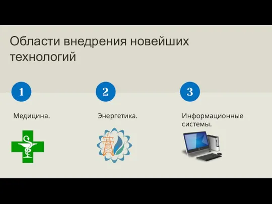 Области внедрения новейших технологий Медицина. 1 Энергетика. 2 Информационные системы. 3