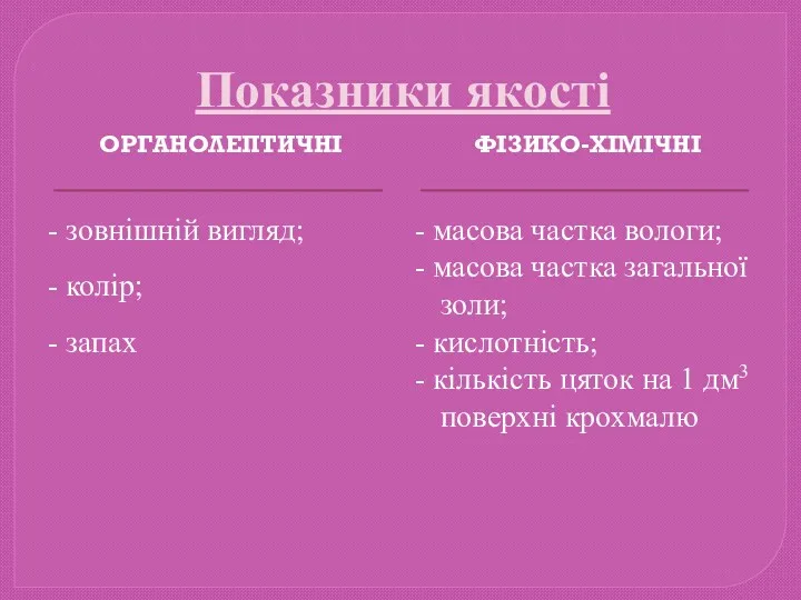 Показники якості ОРГАНОЛЕПТИЧНІ ФІЗИКО-ХІМІЧНІ - зовнішній вигляд; - колір; -