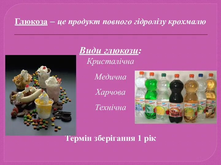 Глюкоза – це продукт повного гідролізу крохмалю Види глюкози: Кристалічна