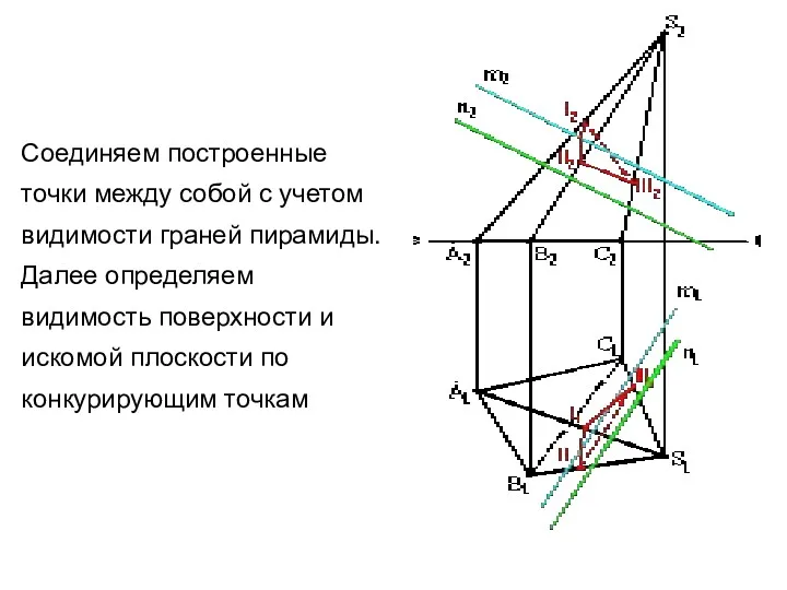 Соединяем построенные точки между собой с учетом видимости граней пирамиды.