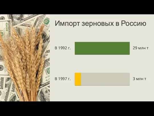 Импорт зерновых в Россию 3 млн т В 1992 г. 29 млн т В 1997 г.