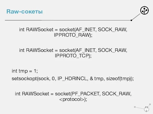 Raw-сокеты int RAWSocket = socket(AF_INET, SOCK_RAW, IPPROTO_RAW); int RAWSocket =