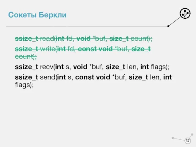 Сокеты Беркли ssize_t read(int fd, void *buf, size_t count); ssize_t