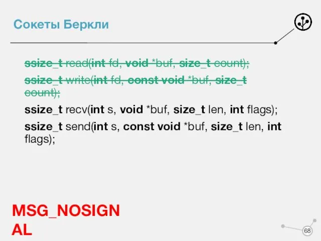 Сокеты Беркли ssize_t read(int fd, void *buf, size_t count); ssize_t