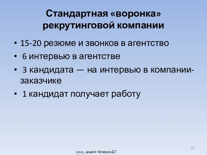 Стандартная «воронка» рекрутинговой компании 15-20 резюме и звонков в агентство