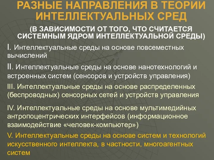 РАЗНЫЕ НАПРАВЛЕНИЯ В ТЕОРИИ ИНТЕЛЛЕКТУАЛЬНЫХ СРЕД (В ЗАВИСИМОСТИ ОТ ТОГО,