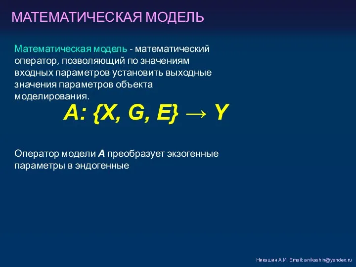 МАТЕМАТИЧЕСКАЯ МОДЕЛЬ Никашин А.И. Email: anikashin@yandex.ru Математическая модель - математический