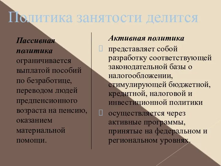 Пассивная политика ограничивается выплатой пособий по безработице, переводом людей предпенсионного