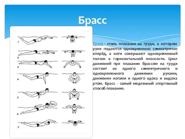 Брасс Брасс - стиль плавания на груди, в котором руки подаются одновременно симметрично