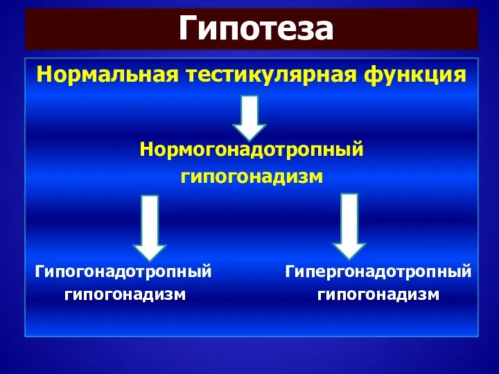 Гипотеза Нормальная тестикулярная функция Нормогонадотропный гипогонадизм Гипогонадотропный Гипергонадотропный гипогонадизм гипогонадизм