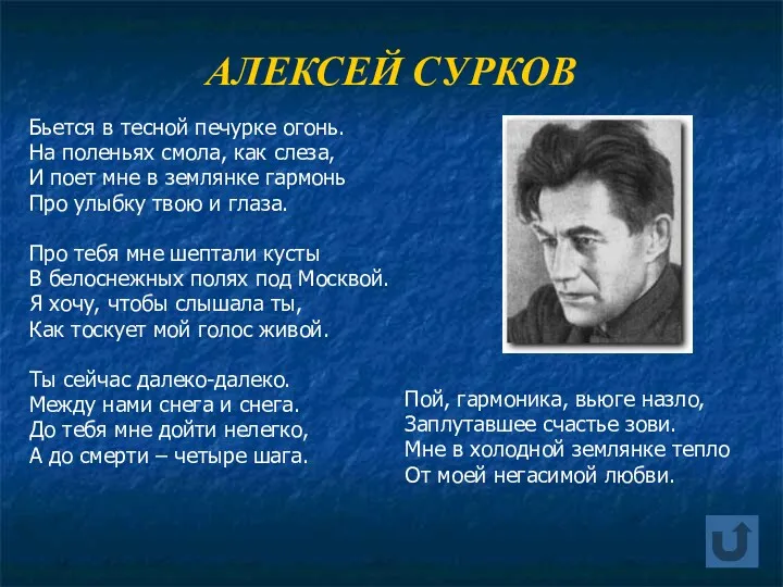 АЛЕКСЕЙ СУРКОВ Бьется в тесной печурке огонь. На поленьях смола,