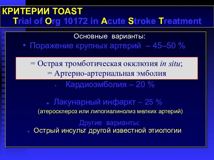 КРИТЕРИИ TOAST Trial of Org 10172 in Acute Stroke Treatment
