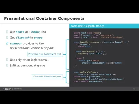 containers/LogoutButton.js Use React and Redux also Got dispatch in props